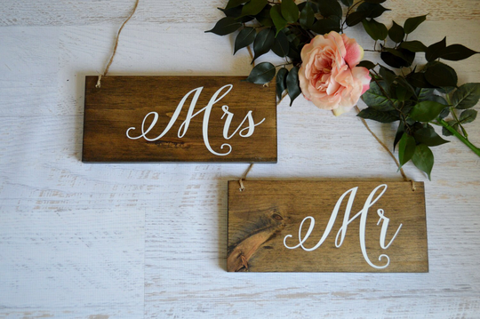 Rustic Wedding Chair Signs, Mr & Mrs Sign, Wooden Bride & Groom Photo Prop, Sweetheart Table Decor, Boho