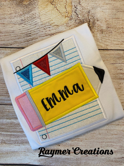 Girls Back To School Embroidered Pencil & Paper Shirt, Shirt