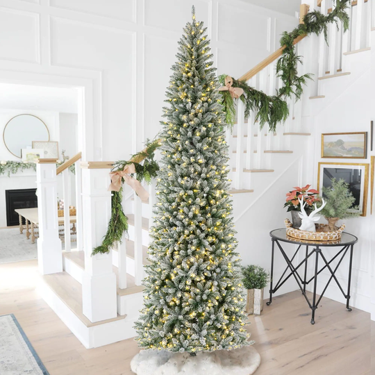 Glitzhome 11ft Pre-Lit Flocked Pencil Fir Artificial Christmas Tree with 950 Warm White Lights - 11-foot Pencil Fir