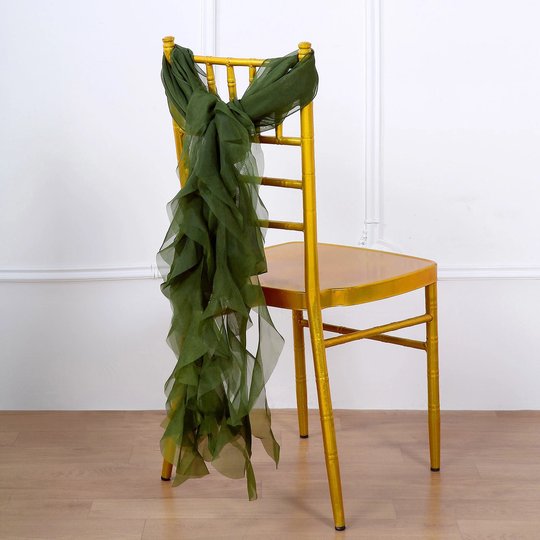 Set Of 6 Strands - Olive Green Chiffon Sash For Chair Decor, Wedding Sash, Chiavari Sashes
