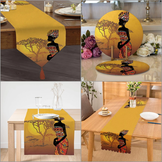African Girl Placemat & Table Runner|Ethnic Top|Set Of 2 Supla Mat|Round American Service Dining Underplate & Coasters