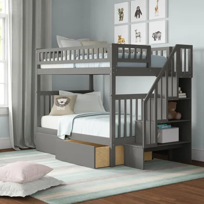Shyann Heavy Duty Wood Safety Staircase Bunk Bed with Under Bed Drawer Storage