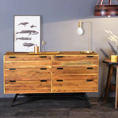 58 Inch Wooden Sideboard With 6 Drawers And Metal Base, Brown
