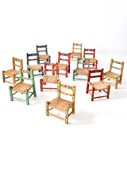 Mexican Folk Art Chair Collection, Vintage Painted Children's Chairs - Set/12