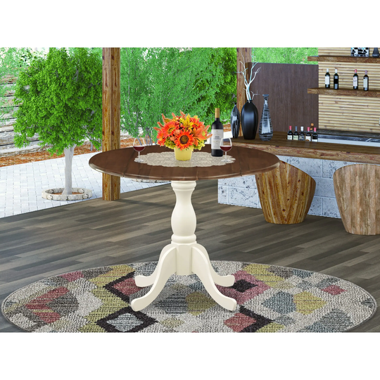 DST-WLW-TP - Kitchen Table with Drop Leaf - Walnut Table Top and Linen White Pedestal Leg Finish - Multi