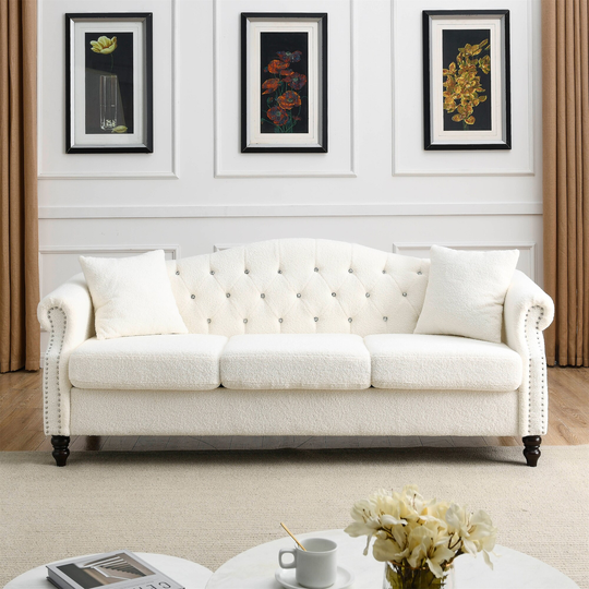 3 Seater Sofa Tufted Couch with Rolled Arms and Nailhead(Two Pillows)