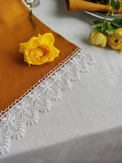 Mustard Linen Table Runner With White Lace, Linen Table Decor, Tablecloth