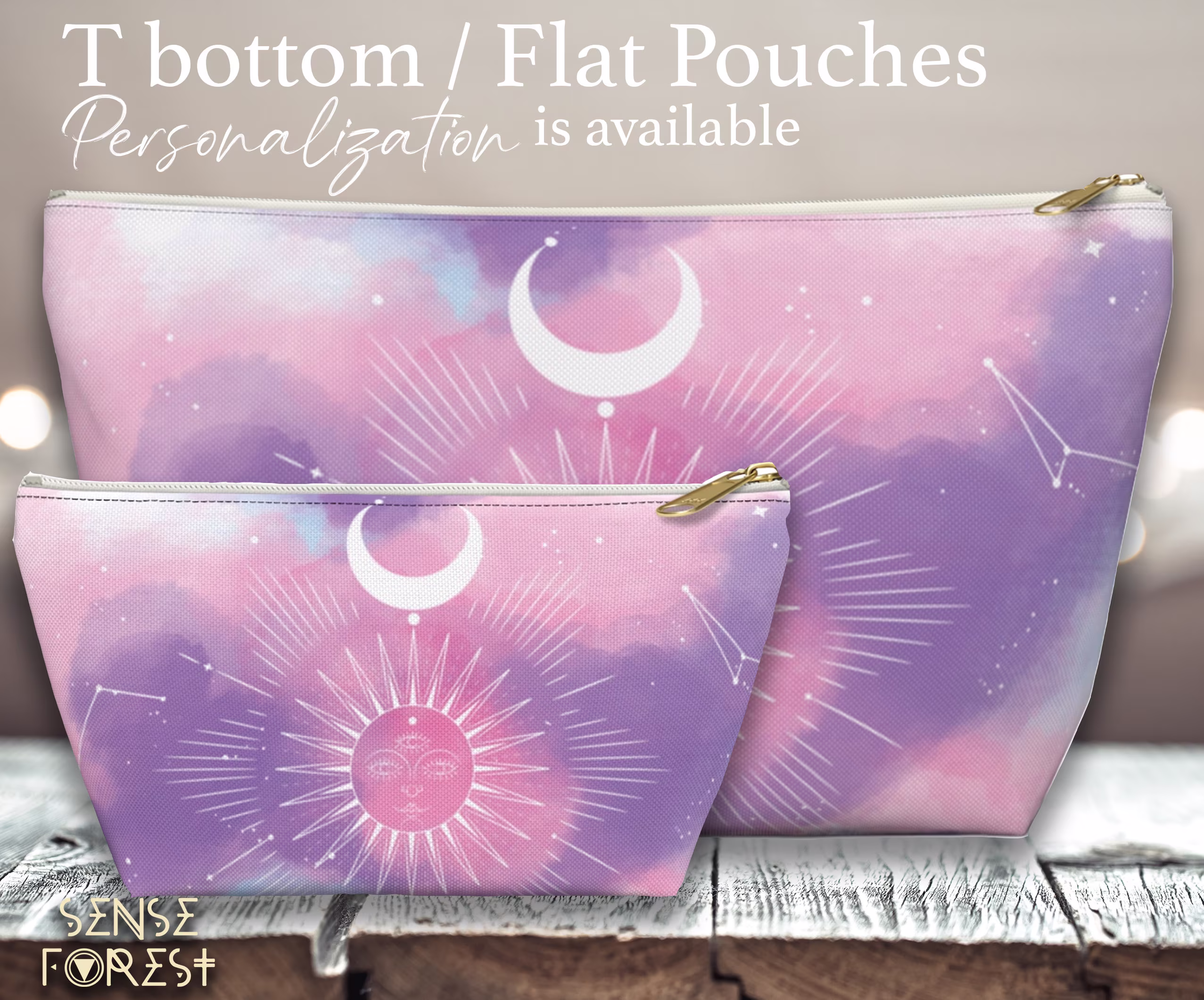 Pastel Celestial Pink Sky Witchy Pencil Pouch, Purple Cosmetic T Pouch, Travel Makeup Bag, Zipper Toiletry Organizer