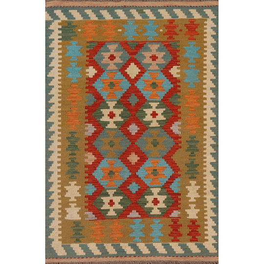 Kilim Area Rug Flat-weave Reversible Multi-Color Wool Carpet - 3'3" x 5'0"