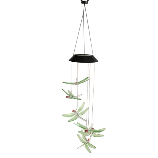 Color Changing Solar Six Green Dragonfly Wind Chimes - Multi-Color