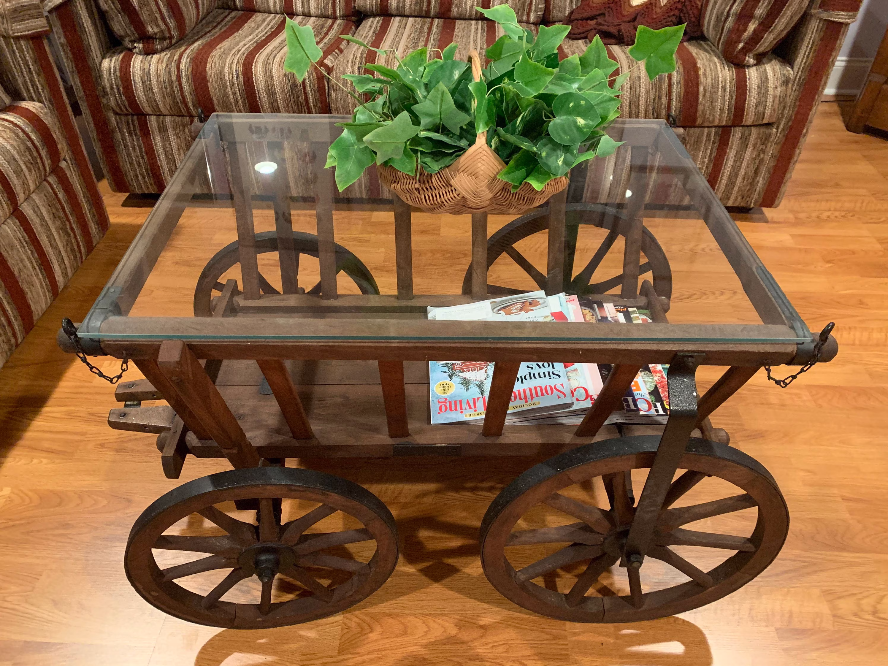 Antique Wheeled Wood Coffee Table & Glass