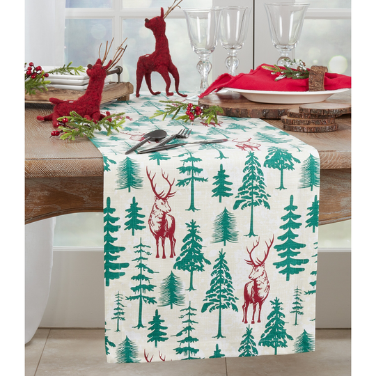 Holiday Table Runner With Deer and Trees Design