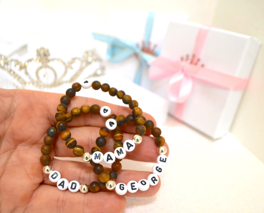 3 Mom Dad & Baby Bracelets, Personalized Family Tiger Eye Gemstone, Shower Gift, Newborn, Kids Fathers Day Gift