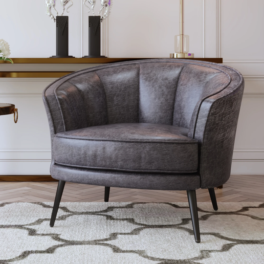 PU Leather Barrel Chair with Metal Legs and Upholstered Arm, Flower Design Accent Chair, 26''D x 29.5''W x 29.1''H, Brown
