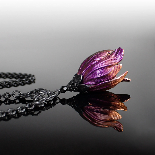 Iridescent Color Shifting Flower Necklace With Gothic Victorian Tulip Pendant & Black Metal Filigree Crystals