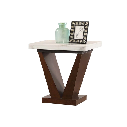 Square Marble End Table in White and Walnut Finish