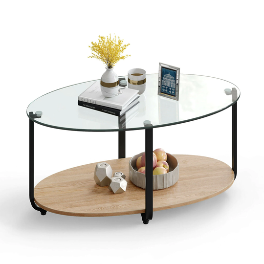 Glass-Top Coffee Table 2-Tier Modern Oval Side Sofa Table w/ Storage Shelf