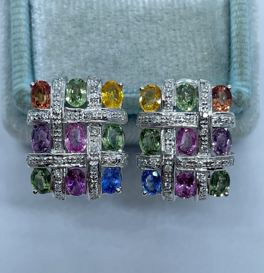 Multi Color Stone Earrings, Rainbow Sapphire Fancy 18K White Gold Multicolor Earrings