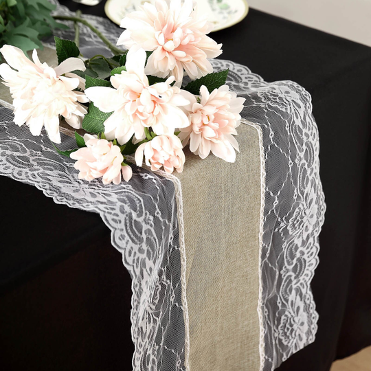 16"x108" Taupe Faux Burlap & Trim Lace Table Runner, Country, Barn, Shabby Chic Wedding Reception Farmhouse Runner