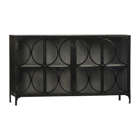 Jaxon 75-inch Industrial Modern Iron Antique Black 4-Door Sideboard with Glass Display Front Doors