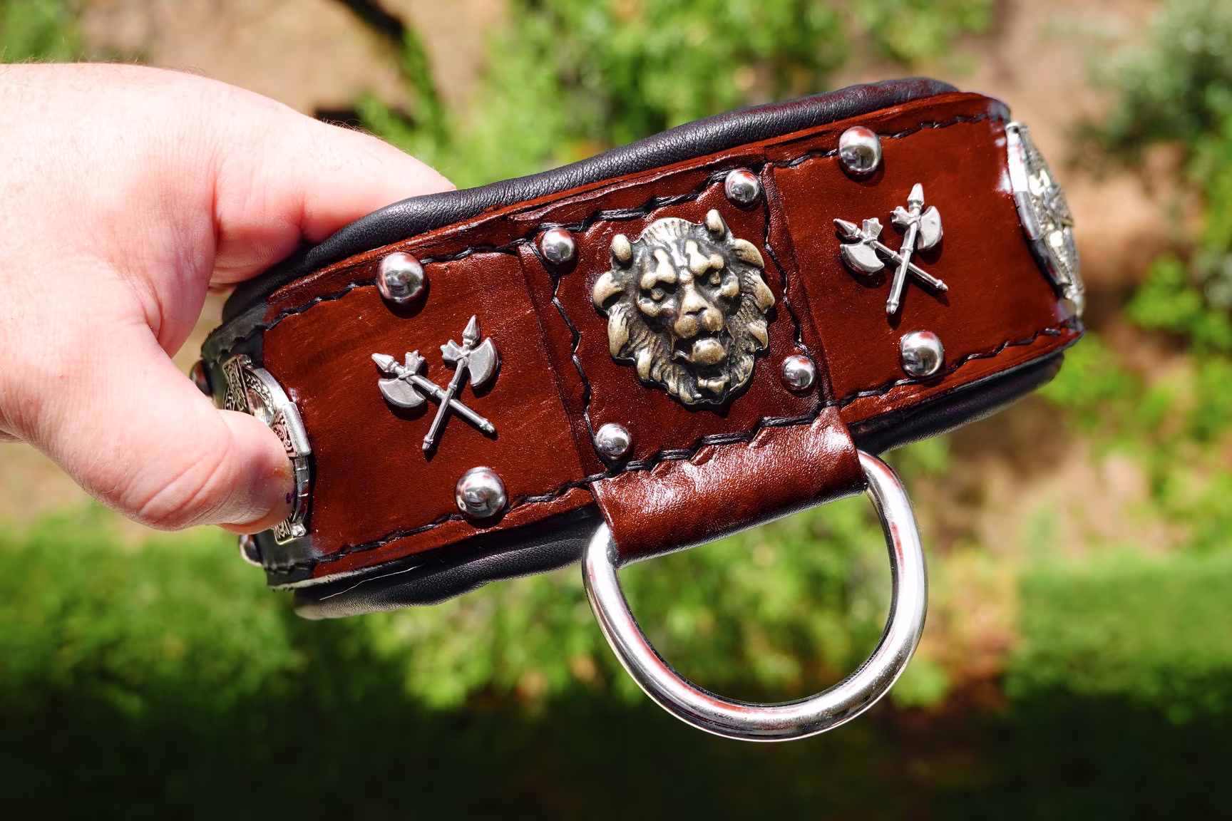 Handmade Brown Leather Dog Collar For Cane Corso, Wide With Conchos & Soft Padding Bullmastiff Strong Collars