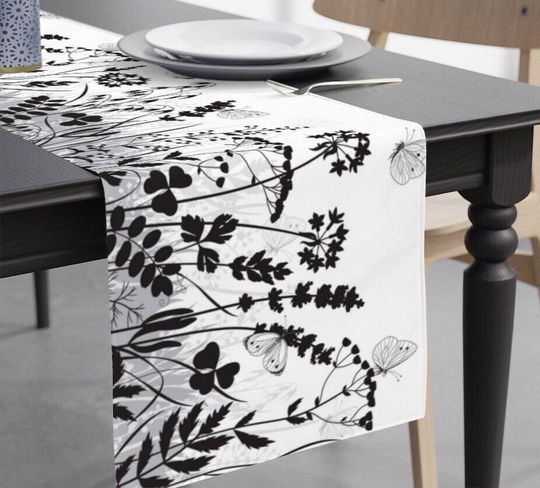 Black & White Table Runner - Decor, Modern Minimalist Runner, Wildflower Butterflies