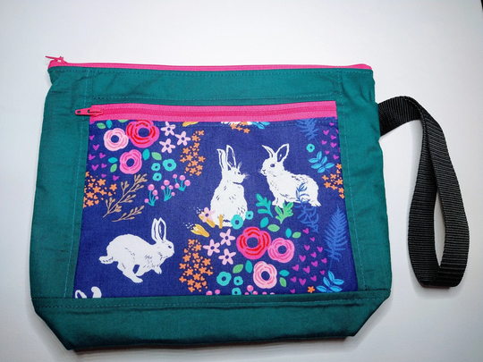 Spring Bunnies On Navy, Small Project Bag, Pencil Pouch, Purse, Case, Handmade, Zippered