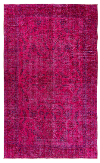 Overdyed Rug With Magenta Color, Hot Pink Purple Rug, Flower Pattern Handmade Wool Vintage 4.9x7.9 Ft, 150x241 cm