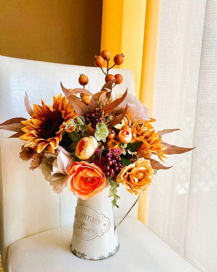 Fall Arrangement in Metal Pitcher, Table Centerpiece, Autumn Home Décor