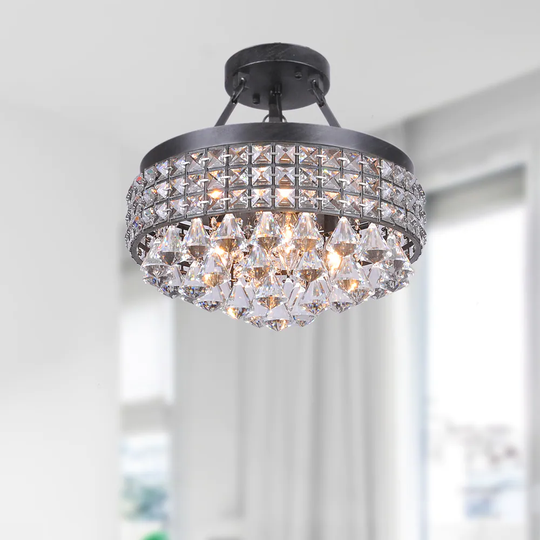 Antonia 4-light Antique Black Iron Shade Crystal Semi-flush Mount