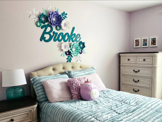 Purple & Teal Paper Flowers For Girl's Room Wall Decor, Turquoise Nursery Mermaid Theme