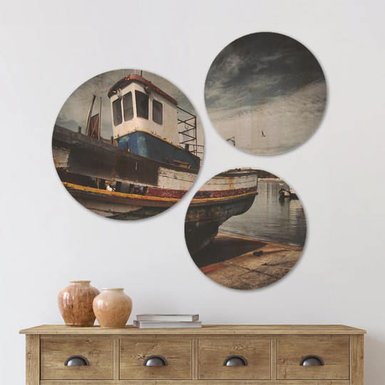 Designart 'Old Fishing Boat' Boat Wood Wall Art Set of 3 Circles - Multi-Color