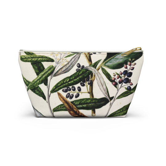 Vintage Botanical with Berries Print Zippered Pouch, Cosmetics/Pencil/Make-Up Organizer/Bag, Colorful Dark Green/Purple Plants/Leaves, Berry