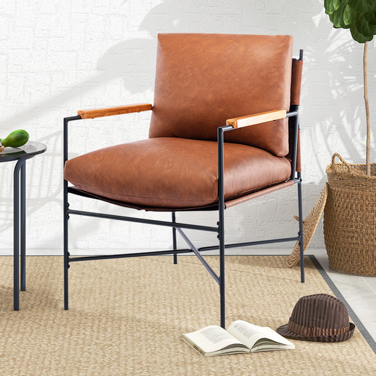 EYIW Metal Frame Faux Leather Porch Chair Accent Chair with Thick Padded Backrest and Seat Cushion for Living Room Bedroom,