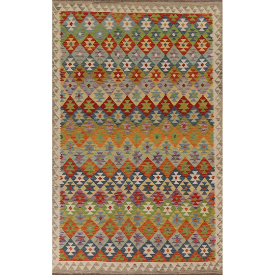 Kilim Area Rug Flat-weave Living Room Multi-Color Wool Carpet - 6'4" x 9'9"