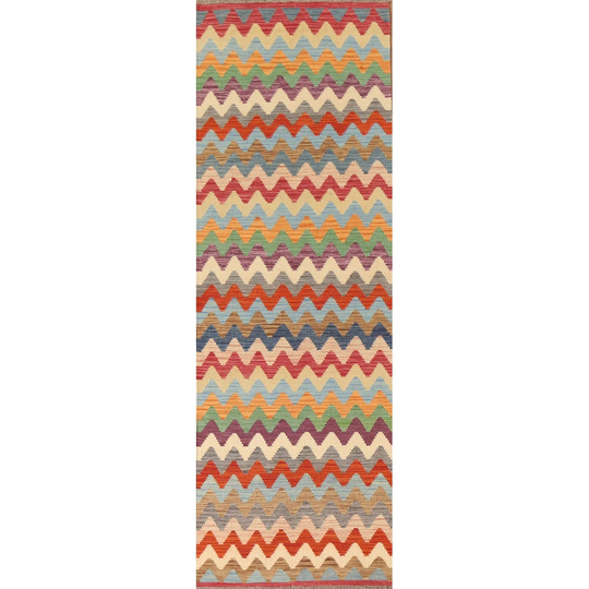 Chevron Colorful Kilim Reversible Runner Rug Hand-woven Wool Carpet - 2'9"x 9'8"