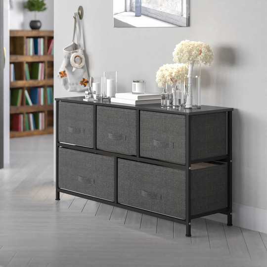 Offex 5 Drawer Wood Top Black Vertical Storage Dresser with Dark Gray