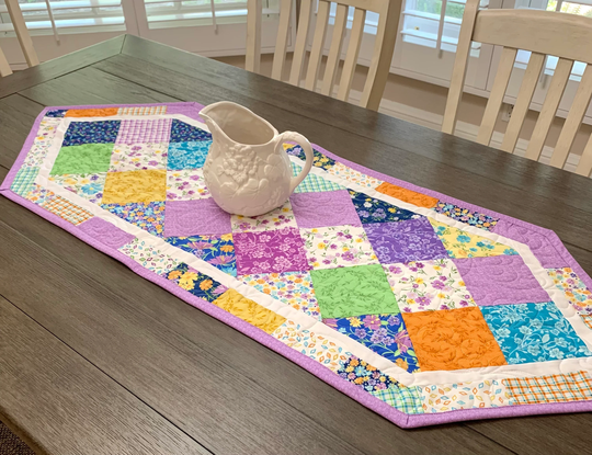 Spring Floral Table Runner Quilt, Purple, Blue, White, Topper Handmade Quilt