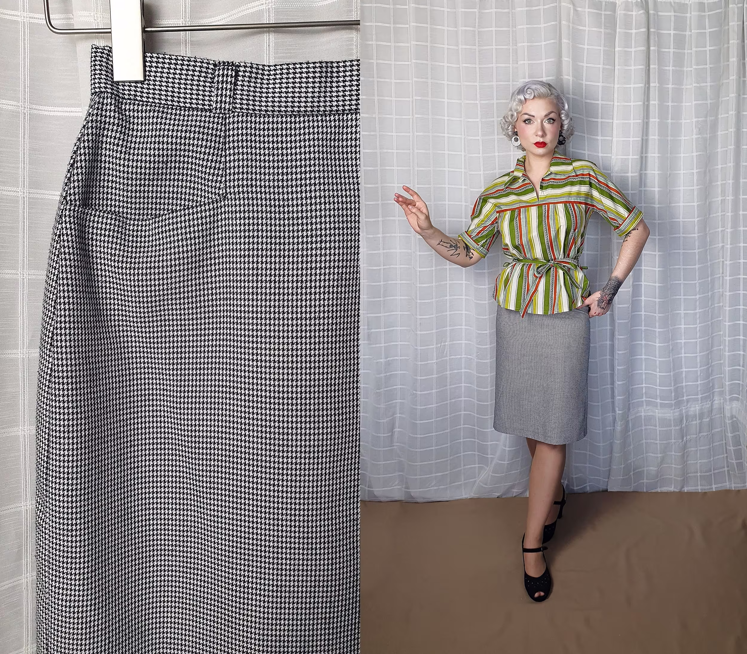 Vintage Office Style Wiggle Pencil Light Gray Houndstooth Rayon Blend Skirt -Uk 6-8 -1940S 1950S - 80S Does 40S Black & White