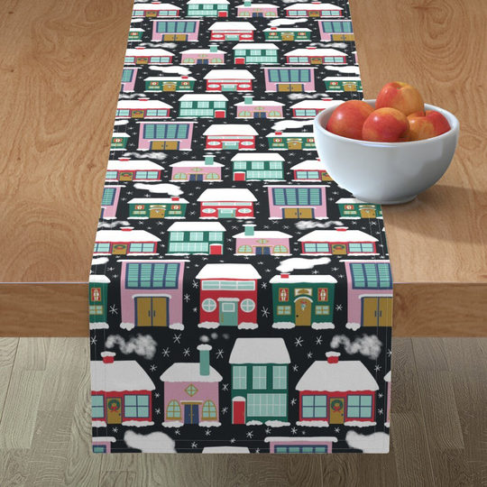Holiday City Table Runner - Winter Village By 3Rittanylane Black & White Houses Snow Cotton Sateen Spoonflower