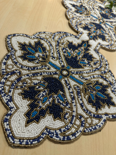 Embroidered Beaded Table Runner With Satin Back White/Blue Glass Beas Handmade Fabric Size 36"x13" Inches