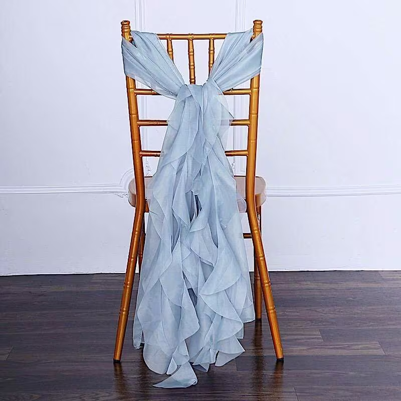 Dusty Blue Premium Curly Chiffon Chair Cap Cover With Sashes