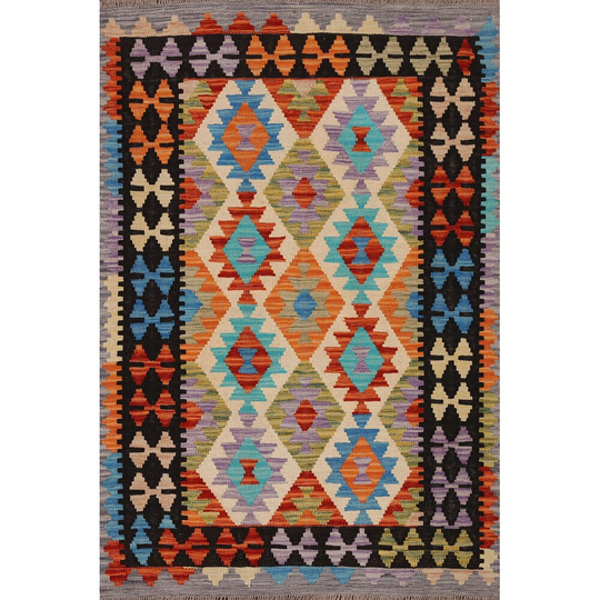 Colorful Reversible Kilim Area Rug Hand-woven Oriental Wool Carpet - 3'5" x 4'10"
