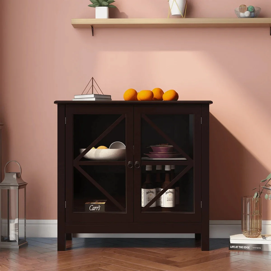 Buffet Cabinet 31.5"W glass door sideboard with Double Framed Glass Doors small sideboard buffets tables farmhouse sideboard