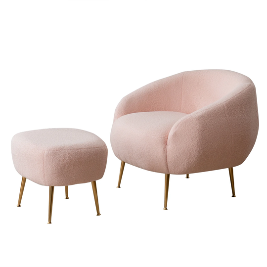 FCH Faux Fur Barrel Accent Chair with Ottoman for Bedroom Living Room Guestroom, Pink - Chair: (29.5*29.9*30.9)"