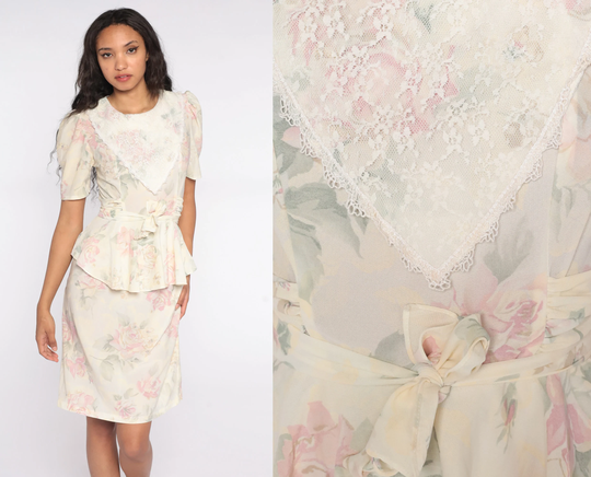 Floral Peplum Dress 80S Lace Bib Puff Sleeve Pastel Yellow Pink Pencil Wiggle Midi 1980S Fitted High Waist Small S