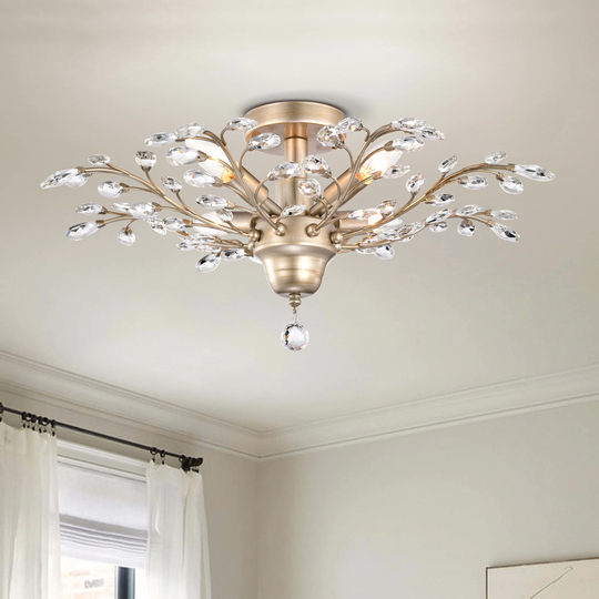 Holly 4-light Brushed Champagne Silver Crystal Leaves Flush Mount