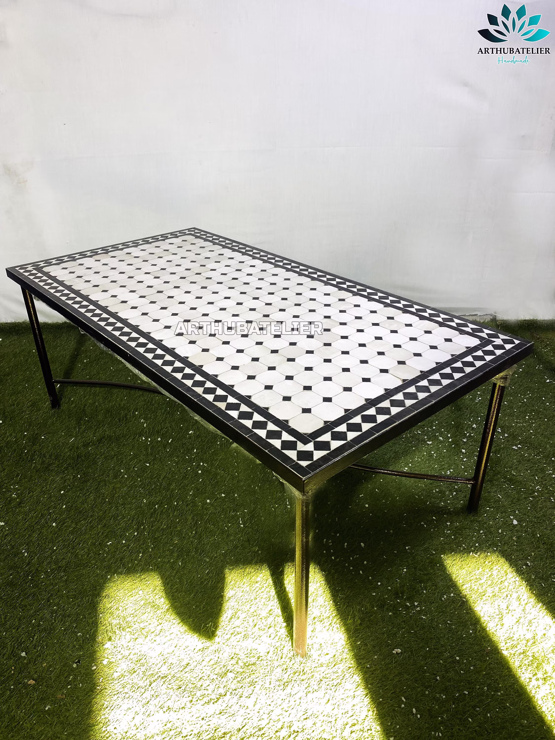 Coffee Table Made From Mosaic Tiles 100% Handmade With White & Black Colors For Outdoor Indoor Built Mid Century Modern Styling