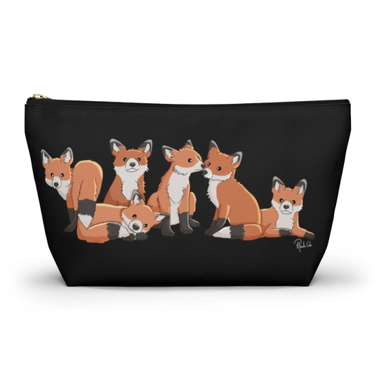 Fox Zipper Pouch, Bag, Makeup Bag, Pencil Travel Organizer, Accessory Pouch | Black Background