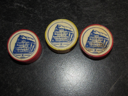 3 Vintage Prudential Insurance Strength Of Gibraltar Pencil Sharpeners Red & Yellow Advertising Promo